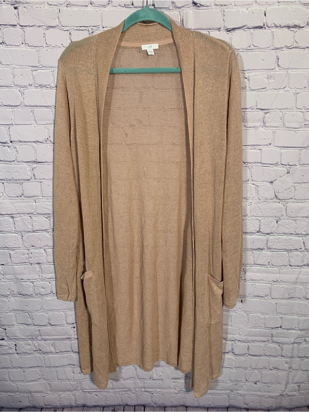 J.JIll Womens Open Knit Linen Blend Long Open Front Sweater Pink Tan L Lagenlook